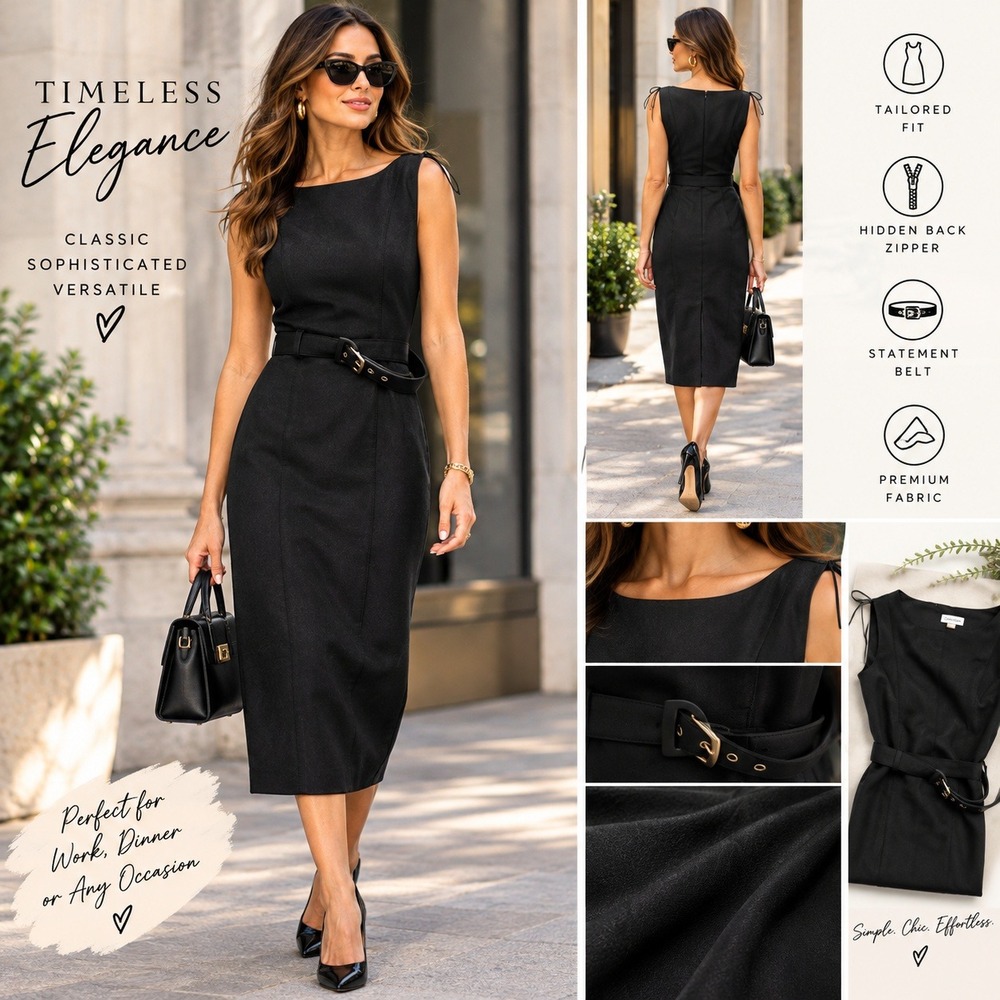 Calvin Klein Womens Black Sleeveless Belted Sheath Dress Size 4 Midi Bateau Neck